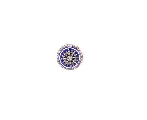 ENAMEL, CULTURED PEARL AND DIAMOND BROOCH, MID 19TH CENTURY the circular guilloché enamel plaque bordered by graduated pearls