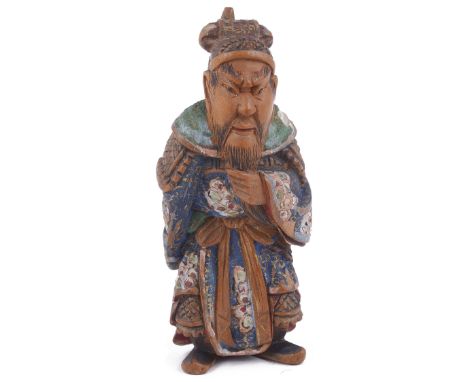 SAISHIKI (LACQUERED WOOD) NETSUKE OF HAN GENERAL KAN'U, CIRCA 1870 stroking his beard and holding his halberd behind him, sig