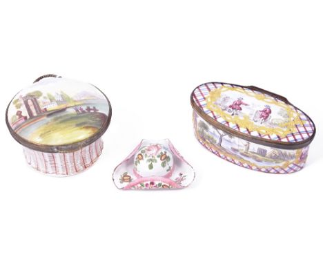THREE METAL-MOUNTED ENAMEL BOXES comprising: one oval painted with vignettes within raised gilt scroll borders reserved on a 