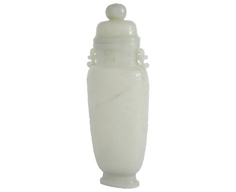 A CHINESE CELADON JADE 'DRAGON' VASE AND COVER the flattened tapering baluster body rising from a short spreading foot to a s