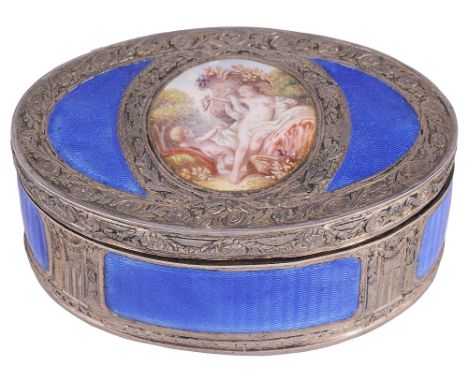 A FRENCH PARCEL-GILT SILVER AND ENAMEL SNUFF BOX, EDME SAMSON &amp; CIE, PARIS, EARLY 20TH CENTURY oval, in Louis XVI taste, 