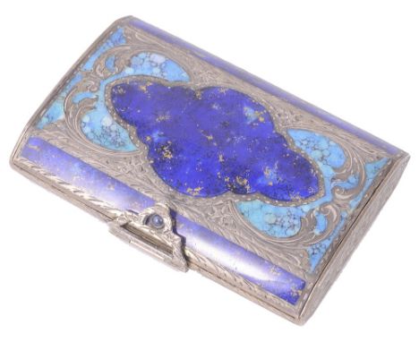 A SILVER AND ENAMEL CIGARETTE CASE, MAKER'S MARK A MONOGRAM, PROBABLY HUNGARIAN, 1930s curved rectangular, the lid decorated 