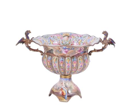 AN AUSTRO-HUNGARIAN GILT-METAL-MOUNTED ENAMEL BOWL, VIENNA, LATE 19TH CENTURY pedestal urn shaped oval with part lobed body a