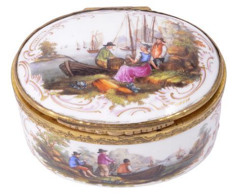 A BERLIN PORCELAIN SNUFF BOX, CIRCA 1830 oval, painted all over with vignettes of figures occupied with riverine pursuits sur