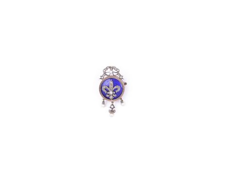 ENAMEL, CULTURED PEARL AND DIAMOND BROOCH/PENDANT, MID 19TH CENTURY Circular, with blue enamel and a central fleur de lys mot