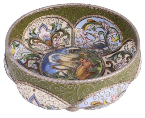 A RUSSIAN CLOISONNE ENAMEL SILVER-GILT BOWL, FEODOR RUCKERT, MOSCOW, 1899-1908 of circular lobed form, enamelled with shaded 