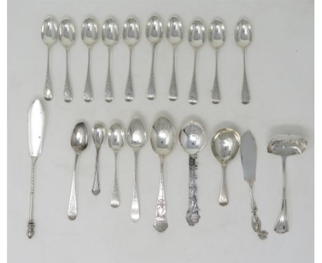 ASSORTED ENGLISH TABLE SILVER, ALL LONDON comprising: a set of eleven Victorian fern bright-cut coffee spoons, London, 1889, 