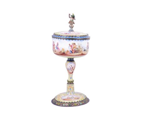 AN AUSTRO-HUNGARIAN SILVER-GILT-MOUNTED ENAMEL PEDESTAL CUP AND COVER, WENZEL LANG, VIENNA, CIRCA 1900 painted with scenes of