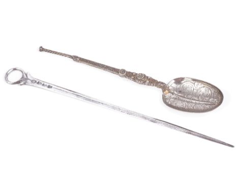 A GEORGE III SILVER MEAT SKEWER, PROBABLY WILLIAM TANT (GRIMWADE NO. 3904), LONDON, 1765 plain ring terminal, 30cm long; toge