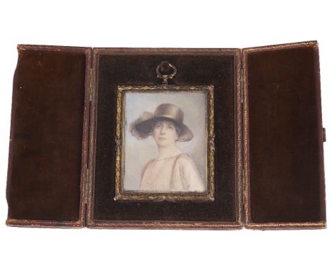 ˜A PORTRAIT MINIATURE OF THOMASINE GRENFELL WHITE, BY THE HON. RACHEL CAULFEILD (1884-1942), CIRCA 1920 wearing a black hat w