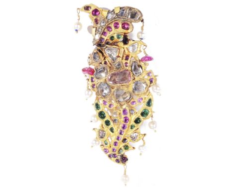 ‡&nbsp;A GEM-SET TURBAN ORNAMENT, PERSIA, 19TH CENTURY diamonds, rubies and pink sapphire with green glass paste, set in gold