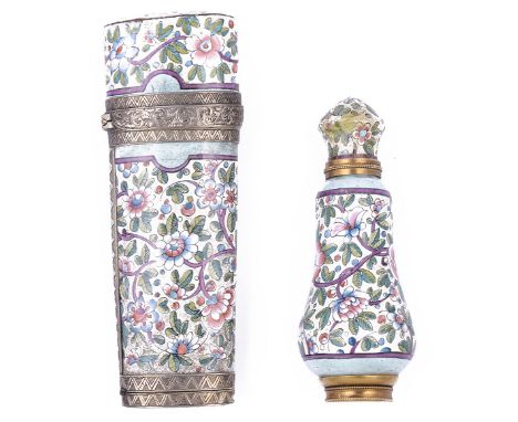 A GOLD-MOUNTED ENAMEL SCENT FLASK / VINIAGRETTE, PROBABLY ENGLISH, CIRCA 1875, RETAILED BY HANCOCKS &amp; CO. OF LONDON balus