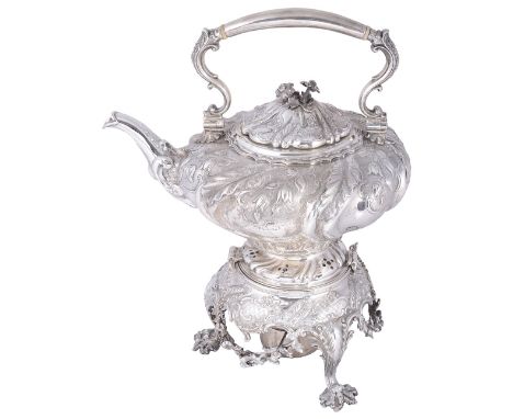 ˜A VICTORIAN SILVER TEA KETTLE ON STAND WITH BURNER, BENJAMIN SMITH, LONDON, 1846 the fluted compressed circular body richly 