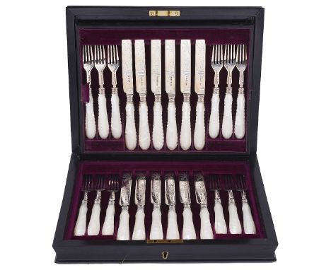 A SET OF TWELVE VICTORIAN SILVER AND MOTHER-OF-PEARL DESSERT KNIVES AND TWELVE FORKS, HARRISON BROTHERS &amp; HOWSON, SHEFFIE