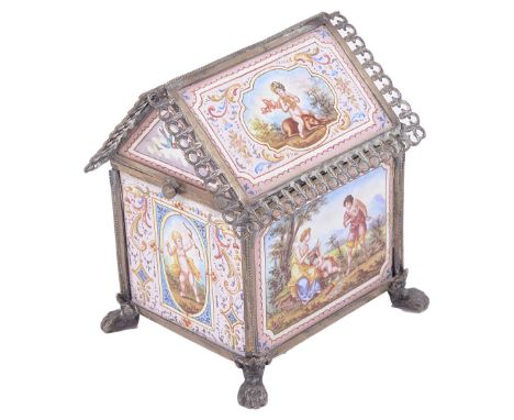AN AUSTRO-HUNGARIAN SILVER-GILT AND ENAMEL MINIATURE CHASSE, LUDWIG POLITZER, VIENNA, LATE 19TH CENTURY rectangular casket wi