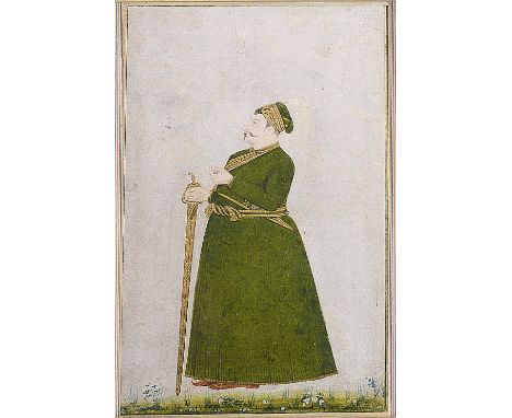 A PORTRAIT OF A MUGHAL NOBLEMAN, NORTH INDIA, 18TH CENTURY gouache with gold on paper, wearing voluminous green coat, turban 