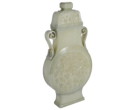 A CHINESE MUGHAL STYLE CELADON JADE 'LOTUS MEDALLION' FLASK AND COVER the flattened circular body rising from a high spreadin