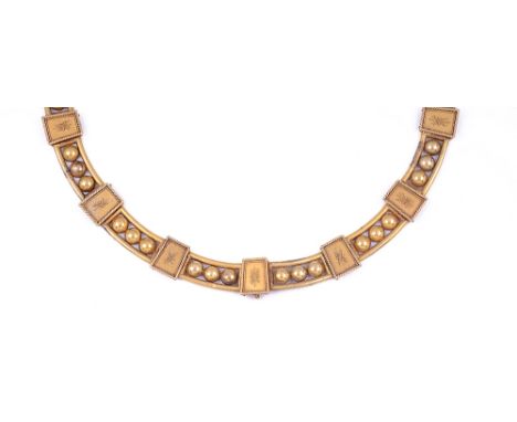 ARCHAEOLOGICAL REVIVAL NECKLACE, 1860s the gilt-metal torq necklace designed as series of tapering plaques with rigid tri-bea