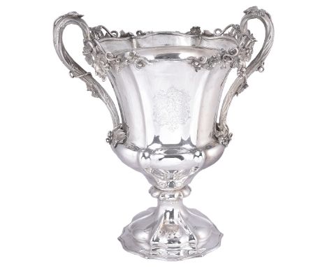 A VICTORIAN SILVER WINE COOLER, SMITH, NICHOLSON &amp; CO., LONDON, 1851 on lobed and fluted pedestal base, the similar campa