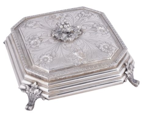 AN ITALIAN BOX, 20TH CENTURY compressed square with cut corners, moulded sides, on four cast foliate supports, the hinged lid