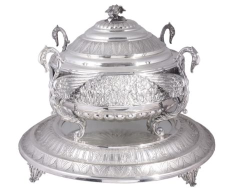 A LARGE SPANISH TUREEN AND COVER ON MIRROR PLATEAU, MAKER'S MARK A SPIDER OR CRAB, MODERN with electroplate liner, the circul