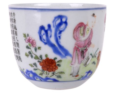 ‡ A CHINESE PORCELAIN 'BOY AND CHICKEN' CUP, QIANLONG SEAL MARK AND PERIOD (1736-1795) the steep rounded sides resting on a c