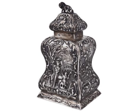 A GERMAN SILVER TEA CADDY AND COVER, PROBABLY HANAU, CIRCA 1895 the waisted body of square outline with Chinoiserie scenes wi