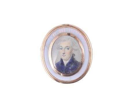 ˜A PORTRAIT MINIATURE OF A GENTLEMAN, ENGLISH SCHOOL, CIRCA 1790 with powdered hair en queue wearing a blue coat, on ivory, g