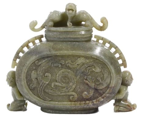 A CHINESE ARCHAISTIC JADE 'CHILONG' JAR AND COVER the flattened oval body rising from a short spreading foot to a short neck 