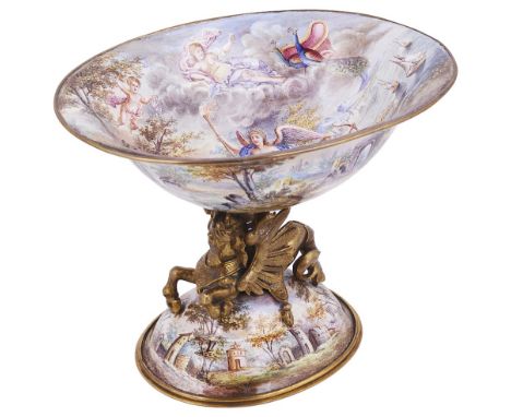 AN AUSTRO-HUNGARIAN ENAMEL PEDESTAL BOWL, EARLY 20TH CENTURY the oval bow painted to the interior with a scene of Jupiter and