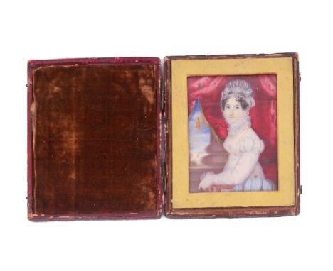 ˜A PORTRAIT MINIATURE OF A YOUNG LADY, PROBABLY MARY ANNE BRETON, ENGLISH SCHOOL, CIRCA 1815 half-length seated wearing a whi