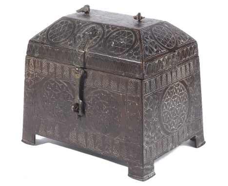 ‡&nbsp;A BRONZE CASKET, PROBABLY AFGHANISTAN, 13TH/14TH CENTURY of tapered form, with hinged chamfered lid, the exterior engr