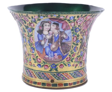 ‡&nbsp;A QAJAR ENAMELLED GHALIAN CUP, PERSIA, 19TH CENTURY the sides painted with two oval medallions each depicting a pair o