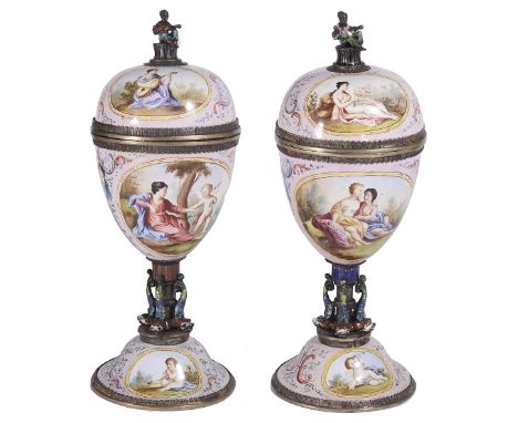 A PAIR OF AUSTRO-HUNGARIAN SILVER AND ENAMEL CUPS AND COVERS, HERMANN BÖHM, VIENNA, LATE 19TH CENTURY the ovate bodies and co