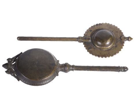 TWO BRONZE OBJECTS, INDIA, 18TH-19TH CENTURY probably hand mirrors, each with twin convex disc faces, slender handle and bud 