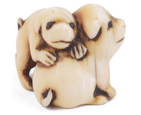 ˜STAINED IVORY NETSUKE OF TWO PUPPIES, CIRCA 1850 their eyes inlaid in dark horn, unsigned 2.9cm high Provenance: The Netsuke