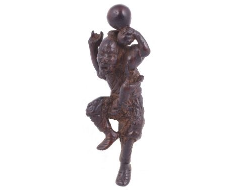 WOOD NETSUKE OF CHOKWARO SENNIN, CIRCA 1800 spirited carving, the hermit dancing on one foot with his horse tipping out of hi