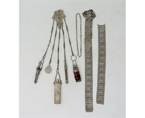 A VICTORIAN SILVER CHATELAINE, H. MATTHEWS, BIRMINGHAM, 1896 cast and pierced head and plain clip, five chains, fitted with t