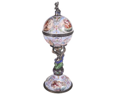 AN AUSTRO-HUNGARIAN SILVER AND ENAMEL PEDESTAL TIMEPIECE, HERMANN BÖHM, VIENNA, LATE 19TH CENTURY painted with roundels of di