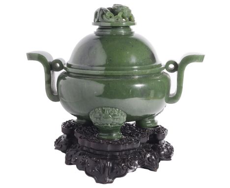 A CHINESE SPINACH-GREEN JADE INCENSE BURNER AND COVER the compressed globular body rising from three short monster mask cabri