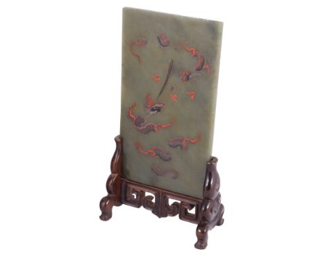 A CHINESE JADE AND HARDWOOD TABLE SCREEN the spinach jade rectangular plaque enamelled to one side with two dragons chasing a