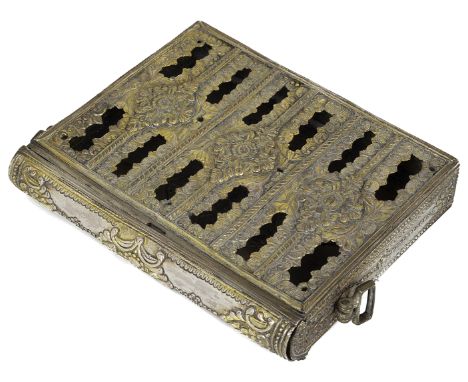 AN OTTOMAN PARCEL-GILT SILVER CASE, PROBABLY BALKAN OR GREEK, 18TH / 19TH CENTURY book shaped, the hinged spine with clip rel