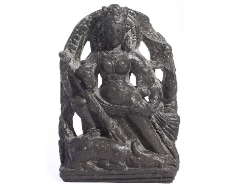 A SMALL BLACK STONE PLAQUE DEPICTING DURGA MAHISASURAMARDINI, KASHMIR, CIRCA 9TH CENTURY the six-armed Hindu goddess with her