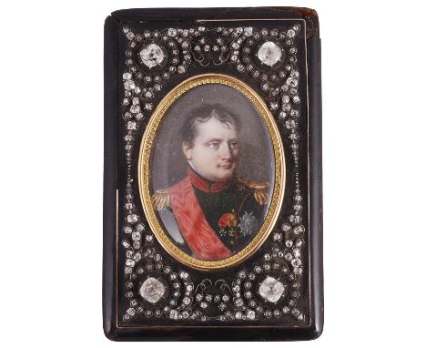 ˜A FRENCH JEWELLED TORTOISESHELL PORTRAIT BOX LID, PARIS, CIRCA 1830 oblong, inset with an portrait miniature of Napoleon I, 