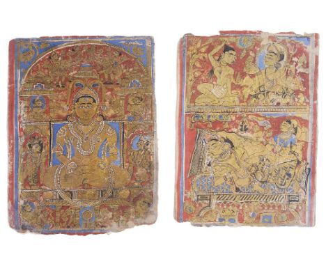 TWO ILLUMINATIONS FROM A DISPERSED JAIN MANUSCRIPT, GUJARAT, WESTERN INDIA, CIRCA 1600 blue and red pigment with black and go