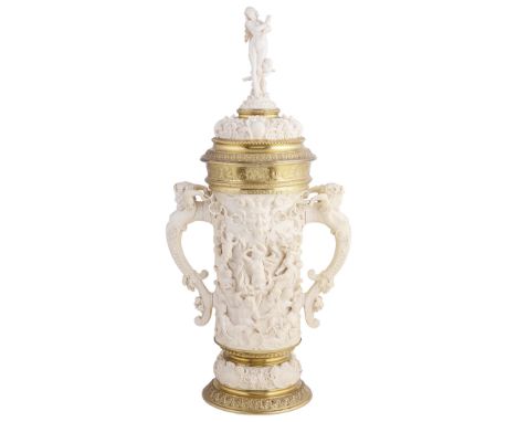 ˜A LARGE GERMAN SILVER-GILT-MOUNTED IVORY TWO-HANDLED CUP AND COVER, EARLY 20TH CENTURY the ivory probably carved in Erbach, 