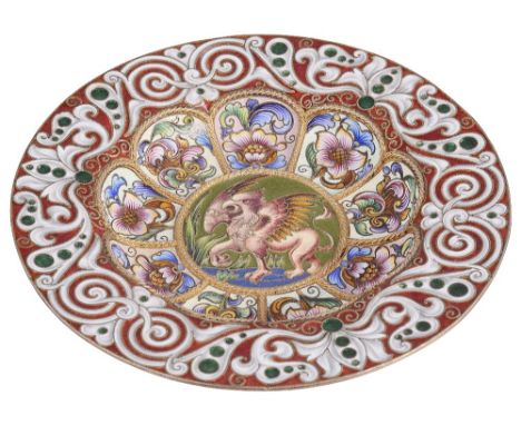 A RUSSIAN SILVER-GILT AND CLOISONNE ENAMEL BOWL, FEODOR RUCKERT, MOSCOW, 1899-1908 the centre painted with a griffin passant 