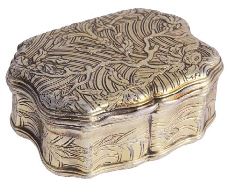 A FRENCH SILVER-GILT SNUFF BOX, ANTOINE DAROUX, PARIS, 1746 cartouche form, chased with leafing branches over a patterned ree