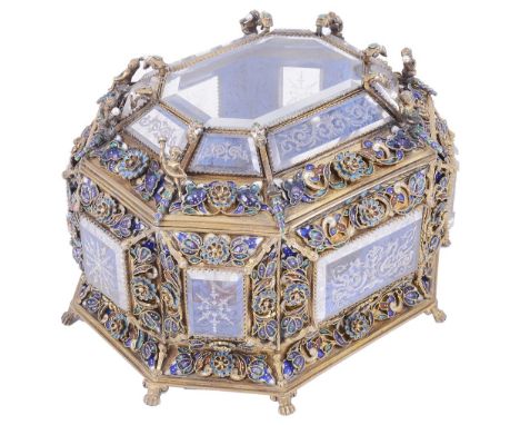 AN AUSTRO-HUNGARIAN ENAMELLED SILVER-GILT AND ROCK CRYSTAL CASKET, MAKER'S MARK TB, VIENNA, LATE 19TH CENTURY elongated octag