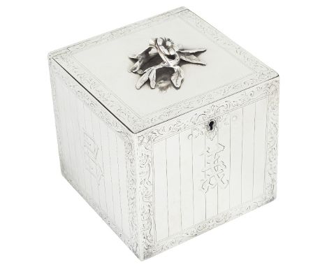A GEORGE III SILVER TEA TUB (CADDY), THOMAS HEMING, LONDON, 1766 square, imitating a wooden Chinese tea chest, engraved to th